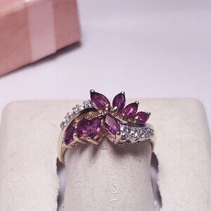 Estate 1.05ctw Natural Marquise Ruby & Diamond 2 Row Top 10Kt Y/Gold Ring #23346
